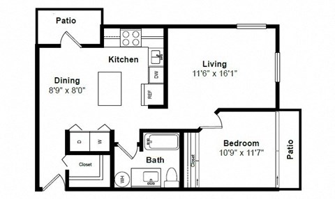 Floor plan for 1 bed, 1 bath, 769 sqft